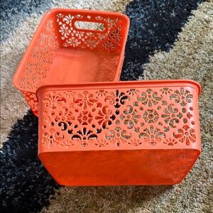 2 pk Orange Plastic Storage Basket with Intricate Floral Patterns NWOT YOU GET 2